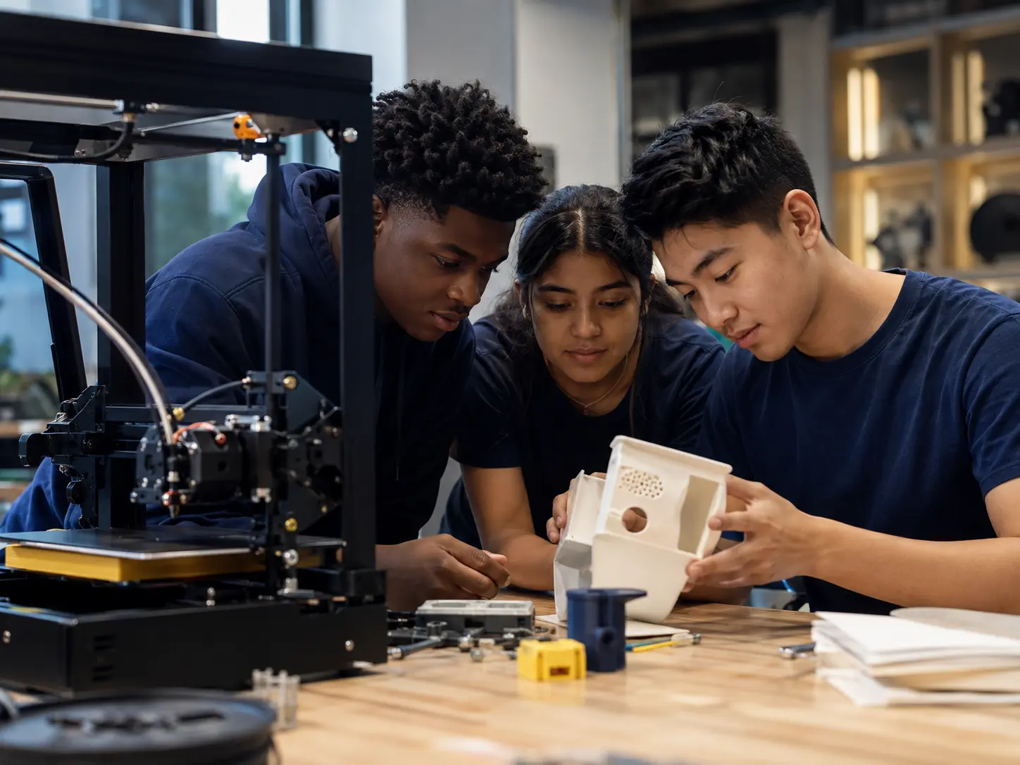 Three young inventors examining a 3D-printed prototype beside a 3D printer in a workshop