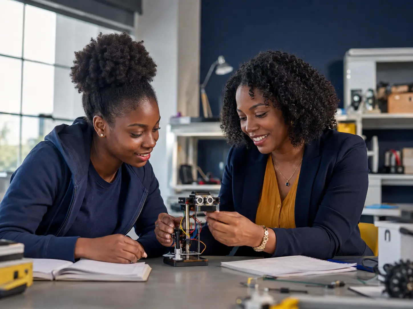 A mentor and a young innovator working together on a robotics prototype in a workshop