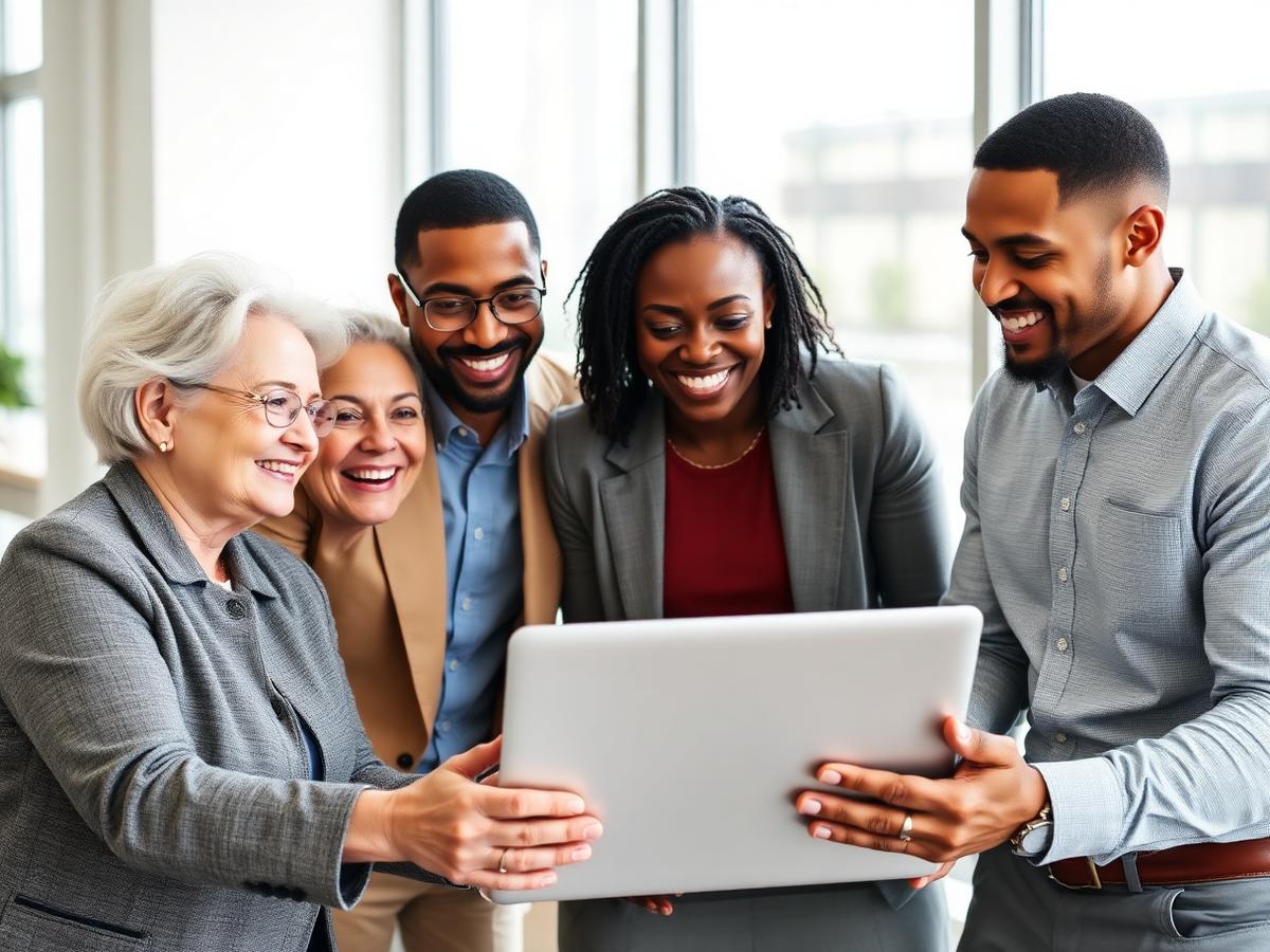 Diverse professionals collaborating around a laptop