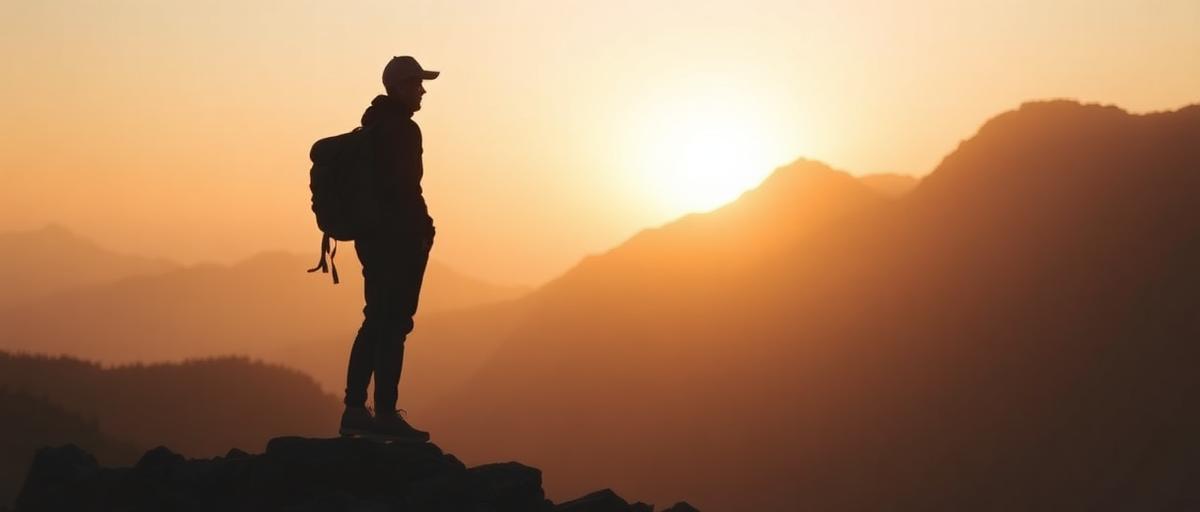 Silhouette of a figure looking toward a sunrise horizon